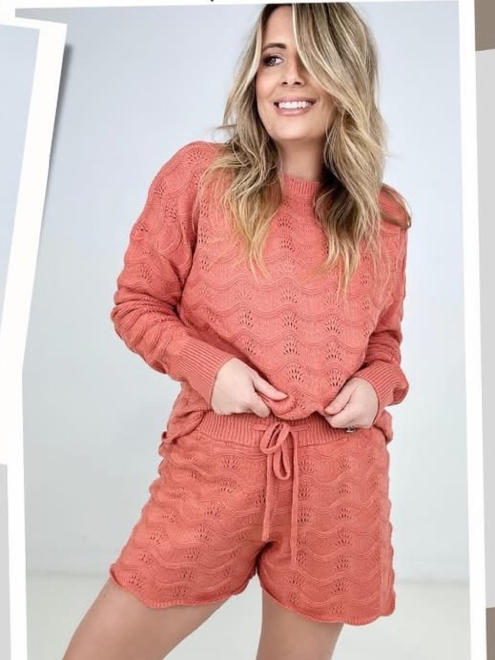 Women's Knit Sweater and Short Set - Coral Orange